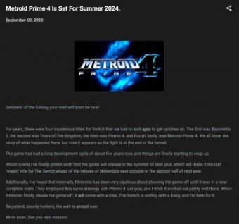 任天堂计划于2024年夏季在Switch上推出《银河战士Prime4》