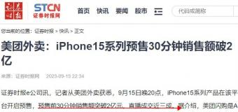 美团：苹果iPhone15系列预售前30分钟销售额突破2亿元，直播成交近三成