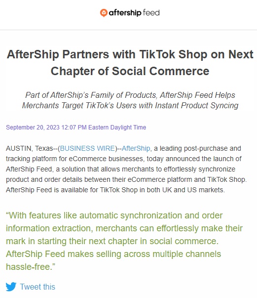 AfterShip推出AfterShip Feed：允许商家电子商务平台和TikTok Shop之间同步产品和订单细节