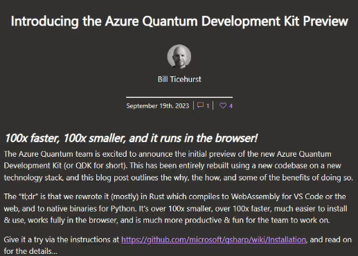 微软Azure Quantum 开发工具重写：新的开发工具速度提升超过 100 倍