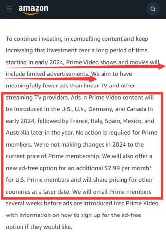 亚马逊宣布Prime Video将于2024年初在美国、英国、德国和加拿大加入广告