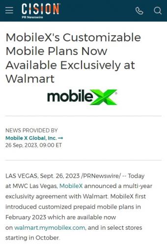 沃尔玛将成为MobileX首个也是唯一的零售合作伙伴