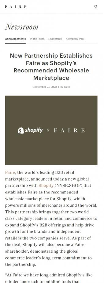 Shopify与B2B零售市场Faire建立新全球合作伙伴：为全球数百万商家提供支持