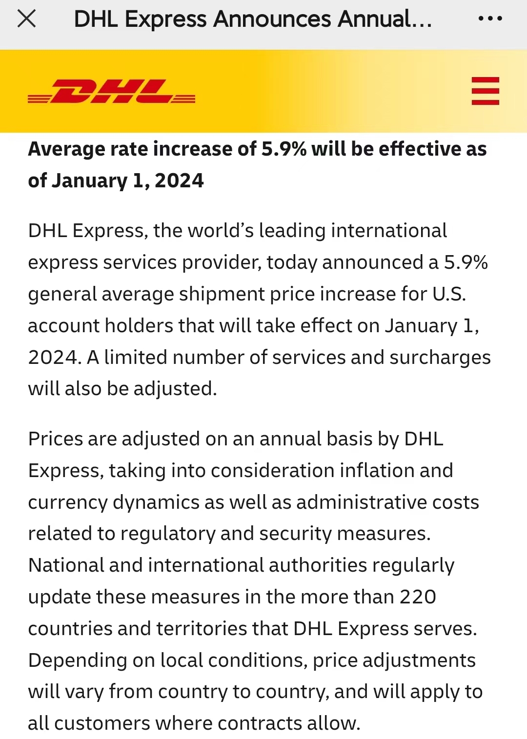 DHL快递将于2024年1月1日对始发于美国的货件实行5.9%的总体费率上调
