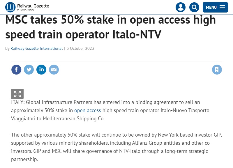 班轮运输收购意大利铁路运营商Italo和西班牙铁路运营商Renfe两家铁路运营商