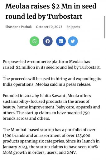 印度电商平台Meolaa获200万美元种子轮融资，本轮融资由Turbostart 领投