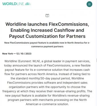 全球支付服务商Worldline推出FlexCommissions：新的灵活支付功能，可增加北美合作伙伴的现金流