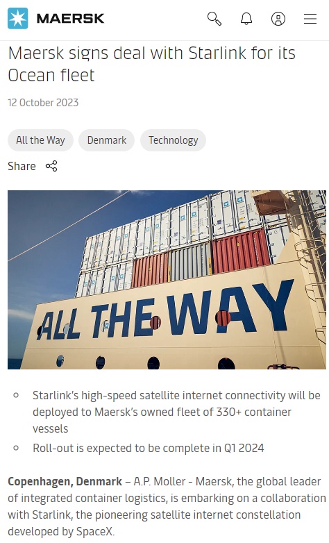 马士基将在330多艘集装箱船上添加SpaceX的Starlink