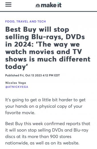 Best Buy（百思买）将于2024年初逐步停止在店内和网上销售DVD和蓝光光盘