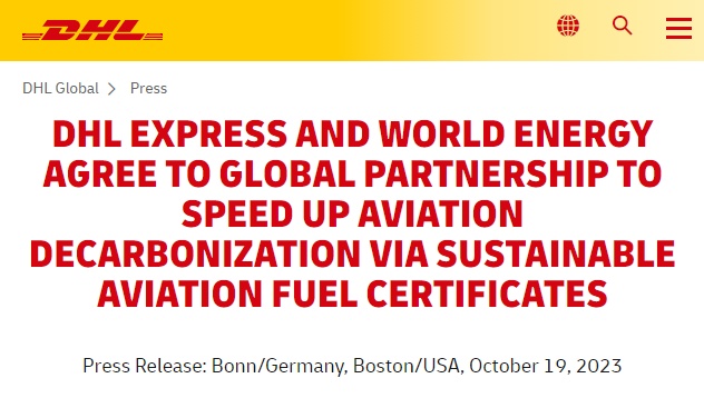 DHL快递与可持续航空燃料生产商和低碳解决方案提供商世界能源签署战略协议