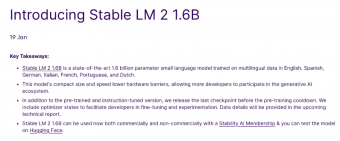 稳定AI发布“小模型” Stable LM 2 1.6B：强大性能悄然问世